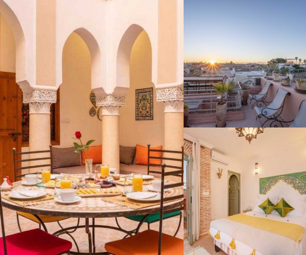 Patio interior del riad Dar Azal en la medina de Marrakech con decoración marroquí tradicional