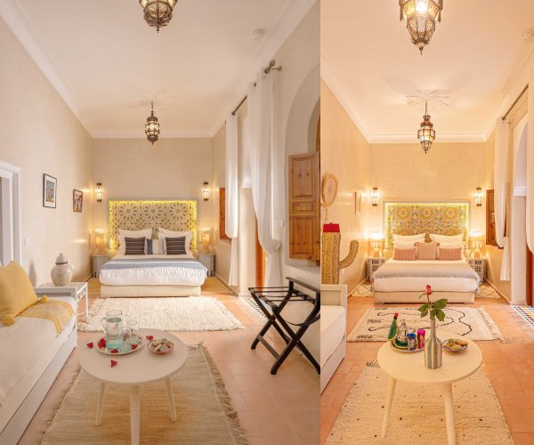 Traditional courtyard of Dar Azal riad in Marrakech medina with authentic Moroccan decor and zellige tiles