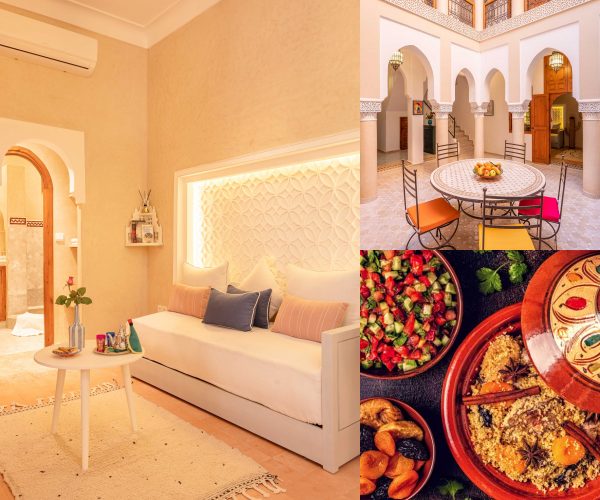 Traditional Moroccan riad courtyard with zellige tiles and carved woodwork at Dar Azal in Marrakech medina
