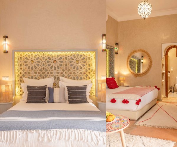 Intimate courtyard of Dar Azal traditional riad in Marrakech medina with Moroccan tilework and carved plasterwork