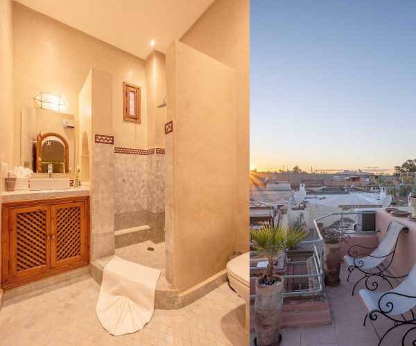 Traditional Moroccan riad courtyard with zellige tiles and carved stucco in Marrakech medina — Dar Azal